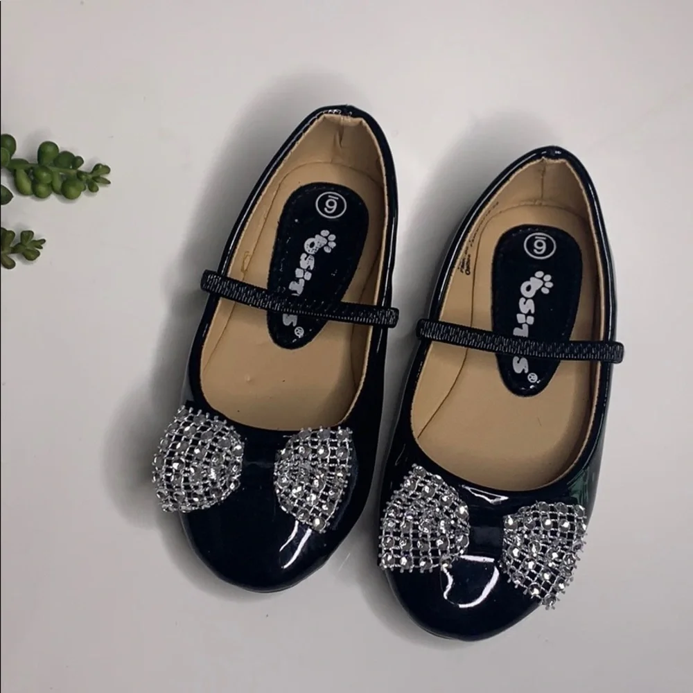 Ositos black ballet paten leather crystal bow girls party shoes 6
